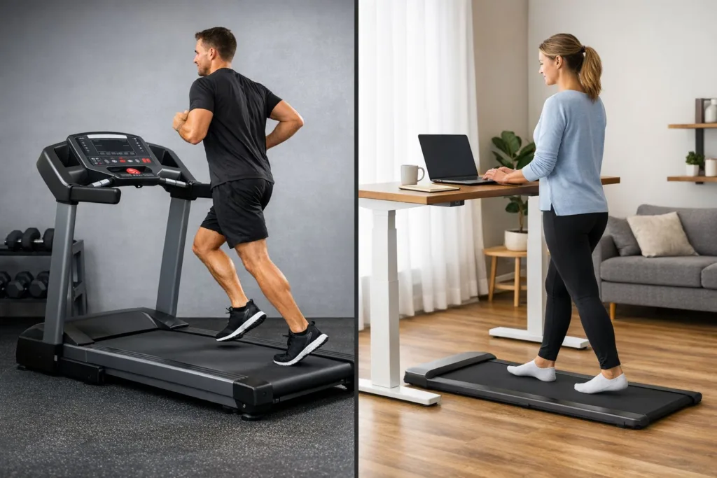 Vergleich zwischen Laufband und Walking Pad in Größe, Nutzung und Alltagstauglichkeit